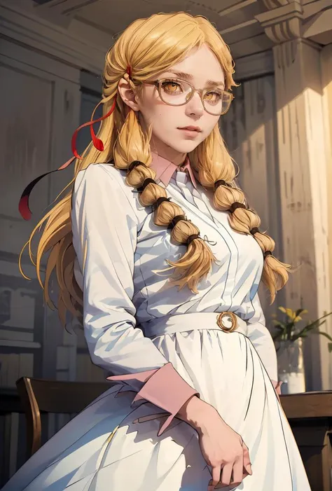 (masterpiece, best quality), 1girl,    <lora:PoBidauTiara:0.8> PoBidauTiara, 1girl, solo, very long hair, blonde hair, long sleeves, white dress, red ribbon, hair ribbon, yellow eyes, glasses, collared dress,