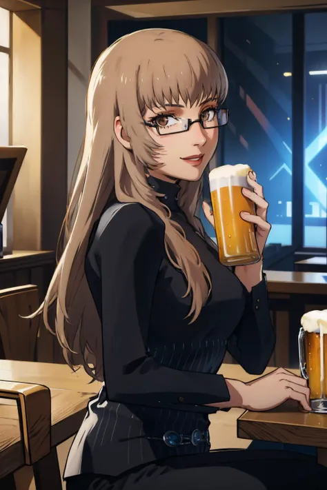 <lora:catherine_katherine-11:1> katherine mcbride, glasses, turtleneck sweater, long sleeves, black pants, brown hair, brown eyes
masterpiece, best quality, absurdres, bar, sitting, beer, upper body, smile, facing viewer