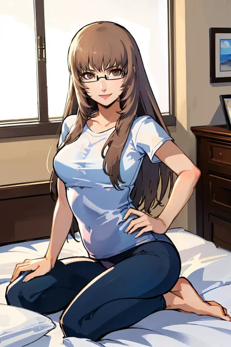 pov(from above),((High Resolutions)), (Masterpiece), high quality, Best quality, gorgeous, perfect lighting, Detailed face, Ultra cute face, Cute, Miku Nakano,((1girl)), (( only)), medium fluffy hair, brown hair, lock covering forehead blue eyes, (blush), embarrassed, seductive, nervous, room, bedroom, sitting in front of viewer, sitting on bed, legs crossed, large breasts, medium waist , (wide hips), thick thighs, glasses on face, blue pajamas, blue shirt, open shirt, half breasts exposed, blue pants, barefoot, Looking at viewer, Cute pose, Arms behind the back, good hands, good anatomy