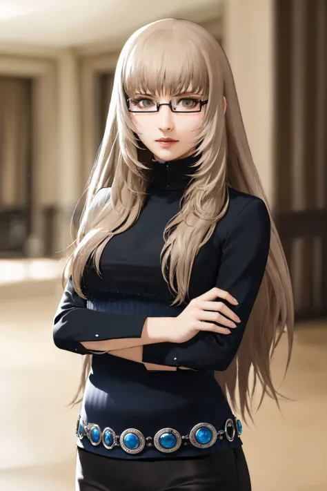 (masterpiece, best quality:1.2), cowboy shot, solo, 1girl, katherine mcbride, expressionless, looking at viewer, crossed arms, glasses, turtleneck sweater, black pants <lora:catherine_katherine:1.0>
