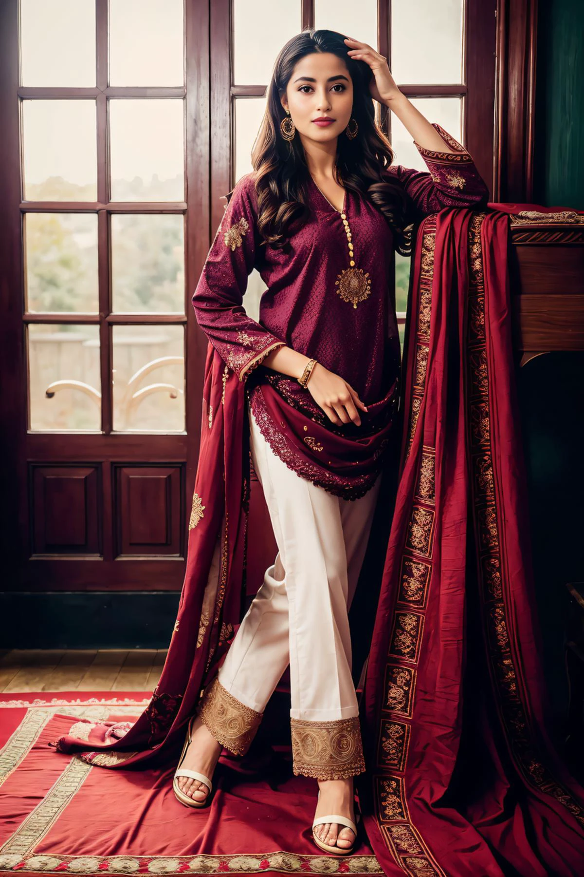 (full body:1.3), xyzsanshalwarqameez, (highly detailed:1.3), photo of 24 y.o beautiful woman, 1girl, solo, pale skin, (((_embroidery15_))), Maroon dress, dupatta, shalwar, Ultra-detail, (highres:1.1), best quality, (masterpiece:1.3), <lora:xyzsanshalwarqameez:0.8>, cinematic lighting, (highly detailed face and eyes:1.3), bokeh:1.3, motion blur