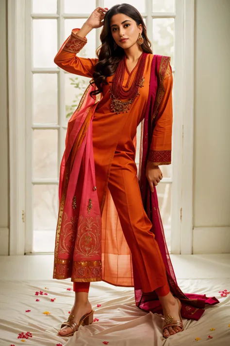 (full body:1.3), xyzsanshalwarqameez, (highly detailed:1.3), photo of 24 y.o beautiful woman, 1girl, solo, pale skin, (((_embroidery15_))), Shocking Pink dress, light orange dupatta, shalwar, Ultra-detail, (highres:1.1), best quality, (masterpiece:1.3), <lora:xyzsanshalwarqameez:0.8>, cinematic lighting, (highly detailed face and eyes:1.3), bokeh:1.3, motion blur