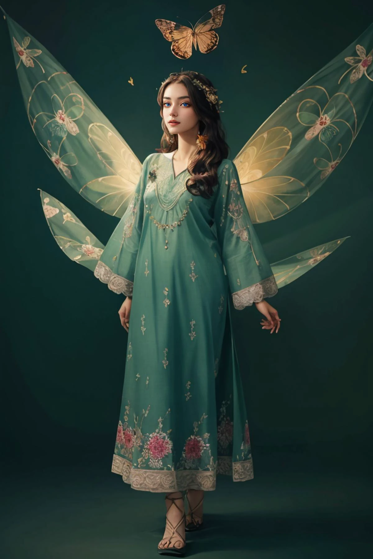 A Photograph that captures a mesmerizing scene of a woman floating effortlessly in mid-air, surrounded by a halo of glowing butterflies. Her serene expression and flowing gown lend an ethereal quality to the image, as if she exists in a realm between dreams and reality, zig-zag pattern, (((_embroidery15_))), green dress, shalwar, (floral print:1.2), <lora:xyzsanshalwarqameez:0.8>
