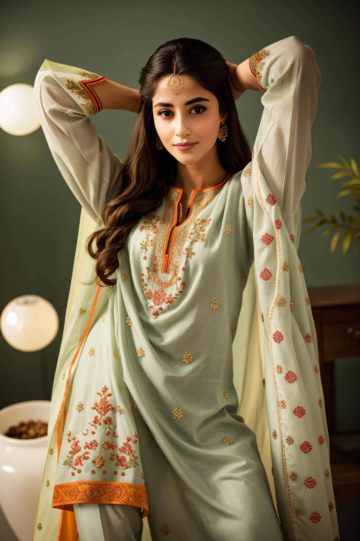 (full body:1.3), xyzsanshalwarqameez, (highly detailed:1.3), photo of 24 y.o beautiful woman, 1girl, solo, pale skin, (((_embroidery15_))), Olive green dress, light orange dupatta, shalwar, Ultra-detail, (highres:1.1), best quality, (masterpiece:1.3), <lora:xyzsanshalwarqameez:0.8>, cinematic lighting, (highly detailed face and eyes:1.3), bokeh:1.3, motion blur