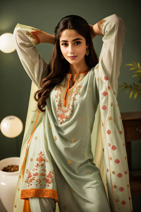 (full body:1.3), xyzsanshalwarqameez, (highly detailed:1.3), photo of 24 y.o beautiful woman, 1girl, solo, pale skin,  (((_embroidery15_))), Olive green dress, light orange dupatta, shalwar, Ultra-detail, (highres:1.1), best quality, (masterpiece:1.3), <lora:xyzsanshalwarqameez:0.8>, cinematic lighting, (highly detailed face and eyes:1.3), bokeh:1.3, motion blur