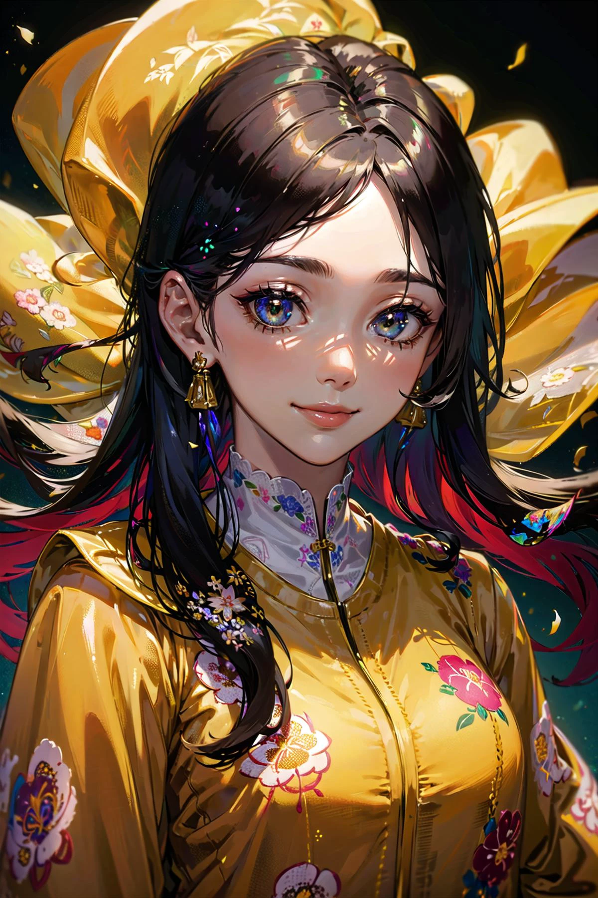 (highly detailed:1.3),
solo, (elegant:1.1), (mesmerizing:1.1), (light smile:1.3), (gradient background:1.2), (floating hair:1.3), (wariza:1.3), high heels,
<lora:xyzsanshalwarqameez:0.8>, wearing yellow xyzsanshalwarqameez, embroidery, (floral print:1.2),
Ultra-detail, (highres:1.1), best quality, (masterpiece:1.3), cinematic lighting,
(highly detailed face and eyes:1.1),