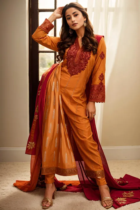 (full body:1.3), xyzsanshalwarqameez, (highly detailed:1.3), photo of 24 y.o beautiful woman, 1girl, solo, pale skin, (((_embroidery15_))), Shocking Pink dress, light orange dupatta, shalwar, Ultra-detail, (highres:1.1), best quality, (masterpiece:1.3), <lora:xyzsanshalwarqameez:0.8>, cinematic lighting, (highly detailed face and eyes:1.3), bokeh:1.3, motion blur