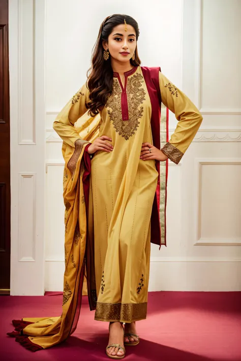 (full body:1.3), xyzsanshalwarqameez, (highly detailed:1.3), photo of 24 y.o beautiful woman, 1girl, solo, pale skin, (((_embroidery15_))), Yellow dress, dupatta, shalwar, Ultra-detail, (highres:1.1), best quality, (masterpiece:1.3), <lora:xyzsanshalwarqameez:0.8>, cinematic lighting, (highly detailed face and eyes:1.3), bokeh:1.3, motion blur