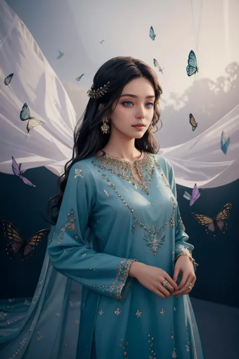 A Photograph that captures a mesmerizing scene of a woman floating effortlessly in mid-air, surrounded by a halo of glowing butterflies. Her serene expression and flowing gown lend an ethereal quality to the image, as if she exists in a realm between dreams and reality, zig-zag pattern, embroidery, silver dress, shalwar, <lora:xyzsanshalwarqameez:0.8>