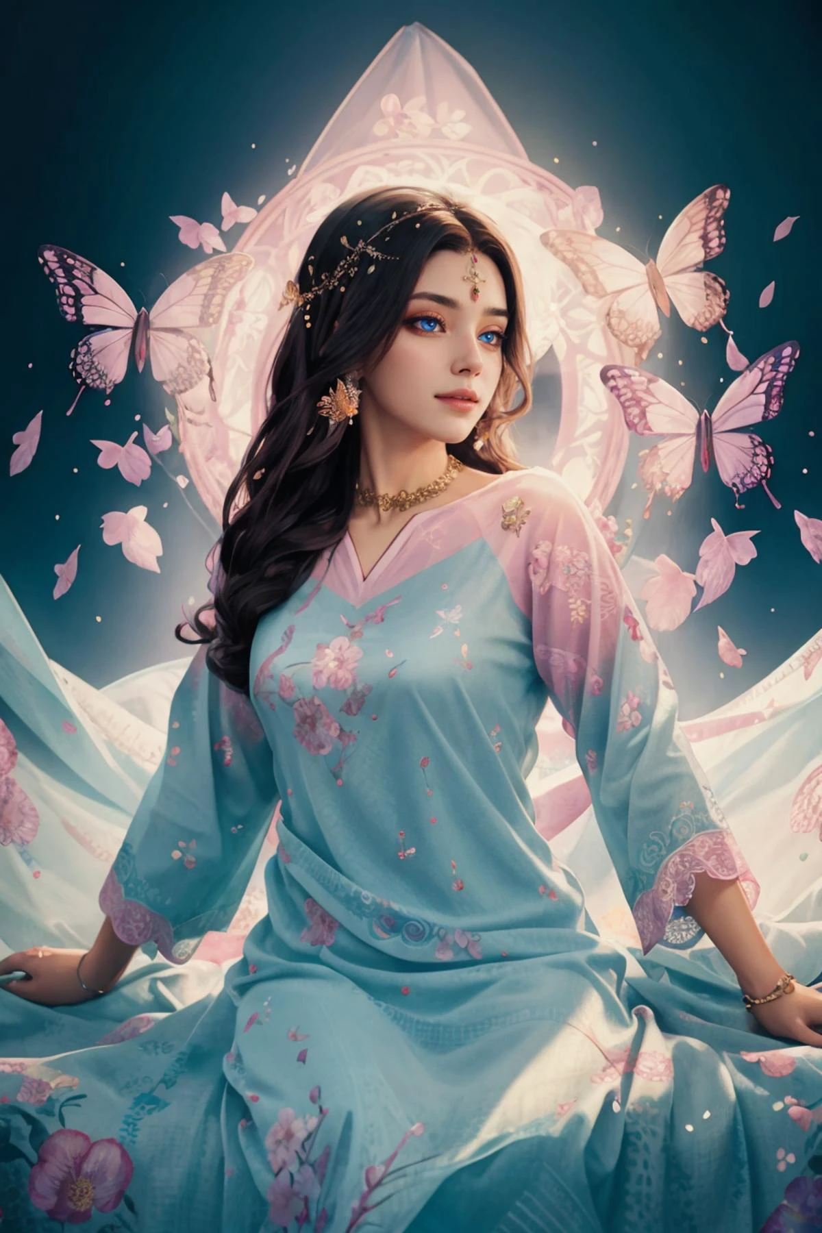 A Photograph that captures a mesmerizing scene of a woman floating effortlessly in mid-air, surrounded by a halo of glowing butterflies. Her serene expression and flowing gown lend an ethereal quality to the image, as if she exists in a realm between dreams and reality, zig-zag pattern, (((_embroidery15_))), pink dress, shalwar, (floral print:1.2), <lora:xyzsanshalwarqameez:0.8>, <lora:GoodHands-vanilla:2.0>
