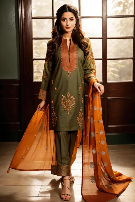 (full body:1.3), xyzsanshalwarqameez, (highly detailed:1.3), photo of 24 y.o beautiful woman, 1girl, solo, pale skin, (((_embroidery15_))), Olive green dress, light orange dupatta, shalwar, Ultra-detail, (highres:1.1), best quality, (masterpiece:1.3), <lora:xyzsanshalwarqameez:0.8>, cinematic lighting, (highly detailed face and eyes:1.3), bokeh:1.3, motion blur