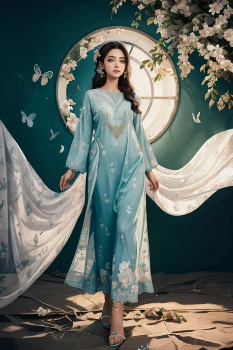 A Photograph that captures a mesmerizing scene of a woman floating effortlessly in mid-air, surrounded by a halo of glowing butterflies. Her serene expression and flowing gown lend an ethereal quality to the image, as if she exists in a realm between dreams and reality, zig-zag pattern, (((_embroidery15_))), silver dress, shalwar, (floral print:1.2), <lora:xyzsanshalwarqameez:0.8>