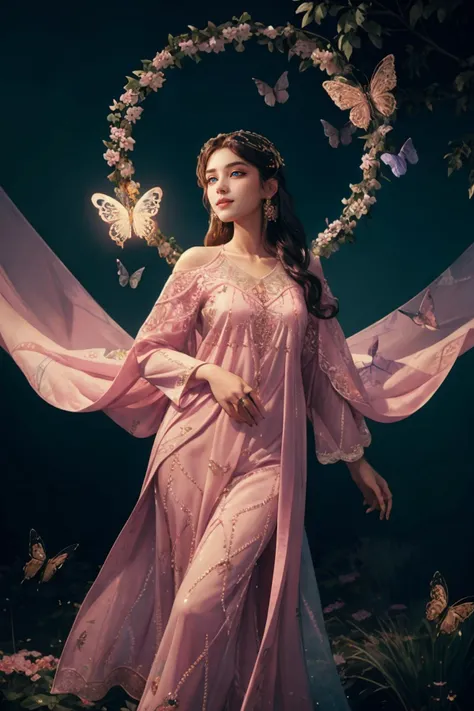 A Photograph that captures a mesmerizing scene of a woman floating effortlessly in mid-air, surrounded by a halo of glowing butterflies. Her serene expression and flowing gown lend an ethereal quality to the image, as if she exists in a realm between dreams and reality, zig-zag pattern, (((_embroidery15_))), pink dress, shalwar, <lora:xyzsanshalwarqameez:0.8>