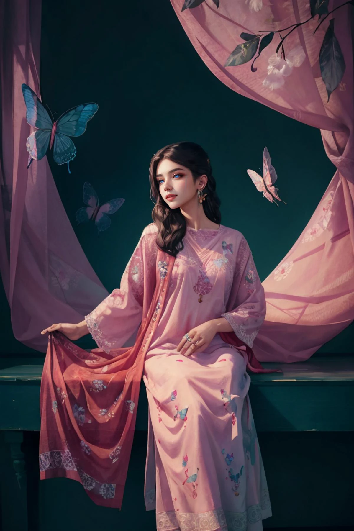 A Photograph that captures a mesmerizing scene of a woman floating effortlessly in mid-air, surrounded by a halo of glowing butterflies. Her serene expression and flowing gown lend an ethereal quality to the image, as if she exists in a realm between dreams and reality, zig-zag pattern, (((_embroidery15_))), pink dress, shalwar, (floral print:1.2), <lora:xyzsanshalwarqameez:0.8>, <lora:GoodHands-vanilla:1.0>