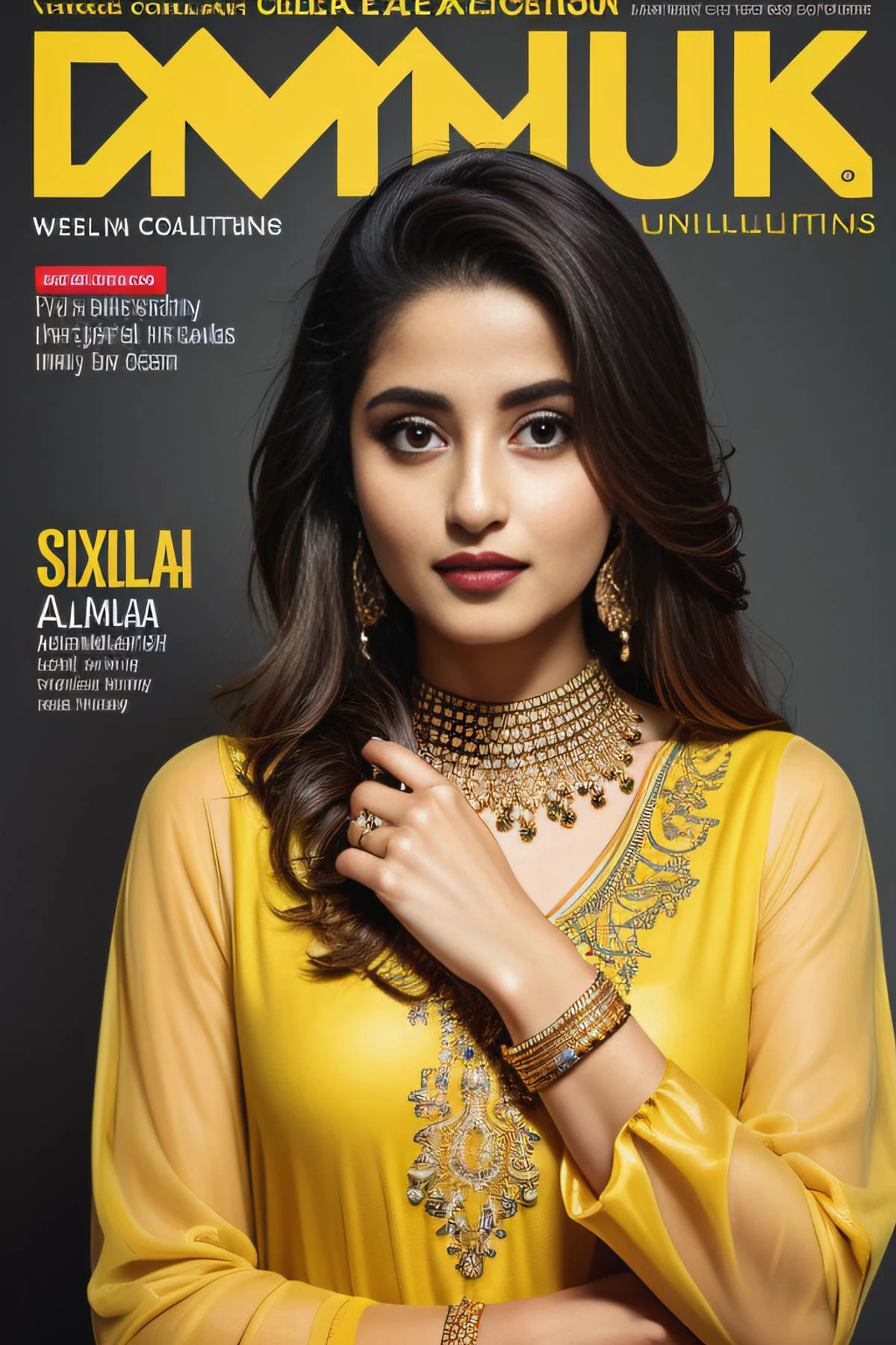 a magazine named VAMPIILUK COLLECTION cover extra detailed (intricate details on the magazine cover:1.0) and with a lot of text, in the center an alluring well confident Pakistani girl Sajal Aly wearing xyzsanshalwarqameez, yellow dress, shalwar, dramatic lighting, head is tilted down, detailed skin, details lips, <lora:xyzsanshalwarqameez:0.6>, <lyco:locon_perfecteyes_v1_from_v1_64_32:0.3>, (symmetry:1.1), <lyco:GoodHands-beta2:1.5>
