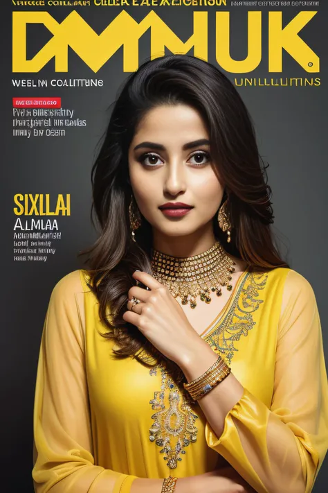 a magazine named VAMPIILUK COLLECTION cover extra detailed (intricate details on the magazine cover:1.0) and with a lot of text, in the center an alluring well confident Pakistani girl Sajal Aly wearing xyzsanshalwarqameez, yellow dress, shalwar, dramatic lighting, head is tilted down, detailed skin, details lips, <lora:xyzsanshalwarqameez:0.6>, <lyco:locon_perfecteyes_v1_from_v1_64_32:0.3>, (symmetry:1.1),  <lyco:GoodHands-beta2:1.5>