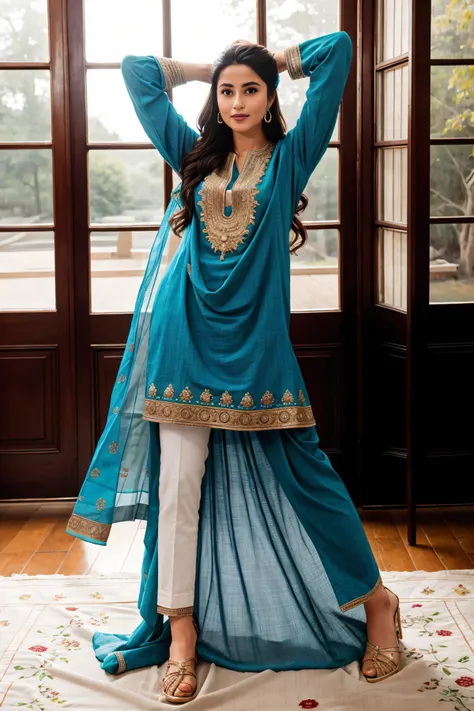 (full body:1.3), xyzsanshalwarqameez, (highly detailed:1.3), photo of 24 y.o beautiful woman, 1girl, solo, pale skin, (((_embroidery15_))), blue dress, dupatta, shalwar, Ultra-detail, (highres:1.1), best quality, (masterpiece:1.3), <lora:xyzsanshalwarqameez:0.8>, cinematic lighting, (highly detailed face and eyes:1.3), bokeh:1.3, motion blur