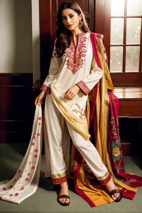 (full body:1.3), xyzsanshalwarqameez, (highly detailed:1.3), photo of 24 y.o beautiful woman, 1girl, solo, pale skin, (((_embroidery15_))), multicolor dress, dupatta, shalwar, Ultra-detail, (highres:1.1), best quality, (masterpiece:1.3), <lora:xyzsanshalwarqameez:0.8>, cinematic lighting, (highly detailed face and eyes:1.3), bokeh:1.3, motion blur