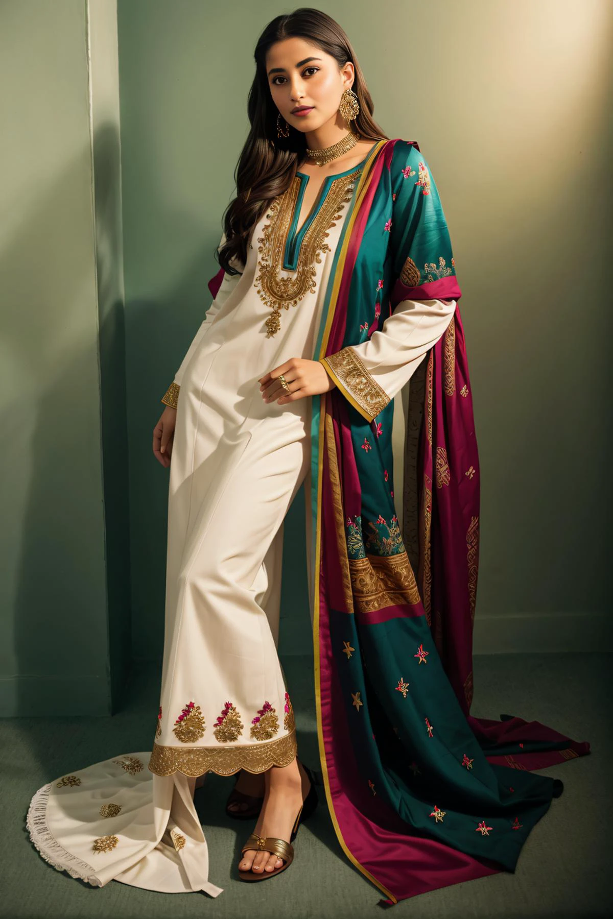 polaroid photo, night photo, (full body:1.3), xyzsanshalwarqameez, (highly detailed:1.3), photo of 24 y.o beautiful woman, 1girl, solo, pale skin, embroidery, multicolor dress, dupatta, shalwar, Ultra-detail, (highres:1.1), best quality, (masterpiece:1.3), <lora:xyzsanshalwarqameez:0.8>, cinematic lighting, (highly detailed face and eyes:1.3), bokeh:1.3, motion blur