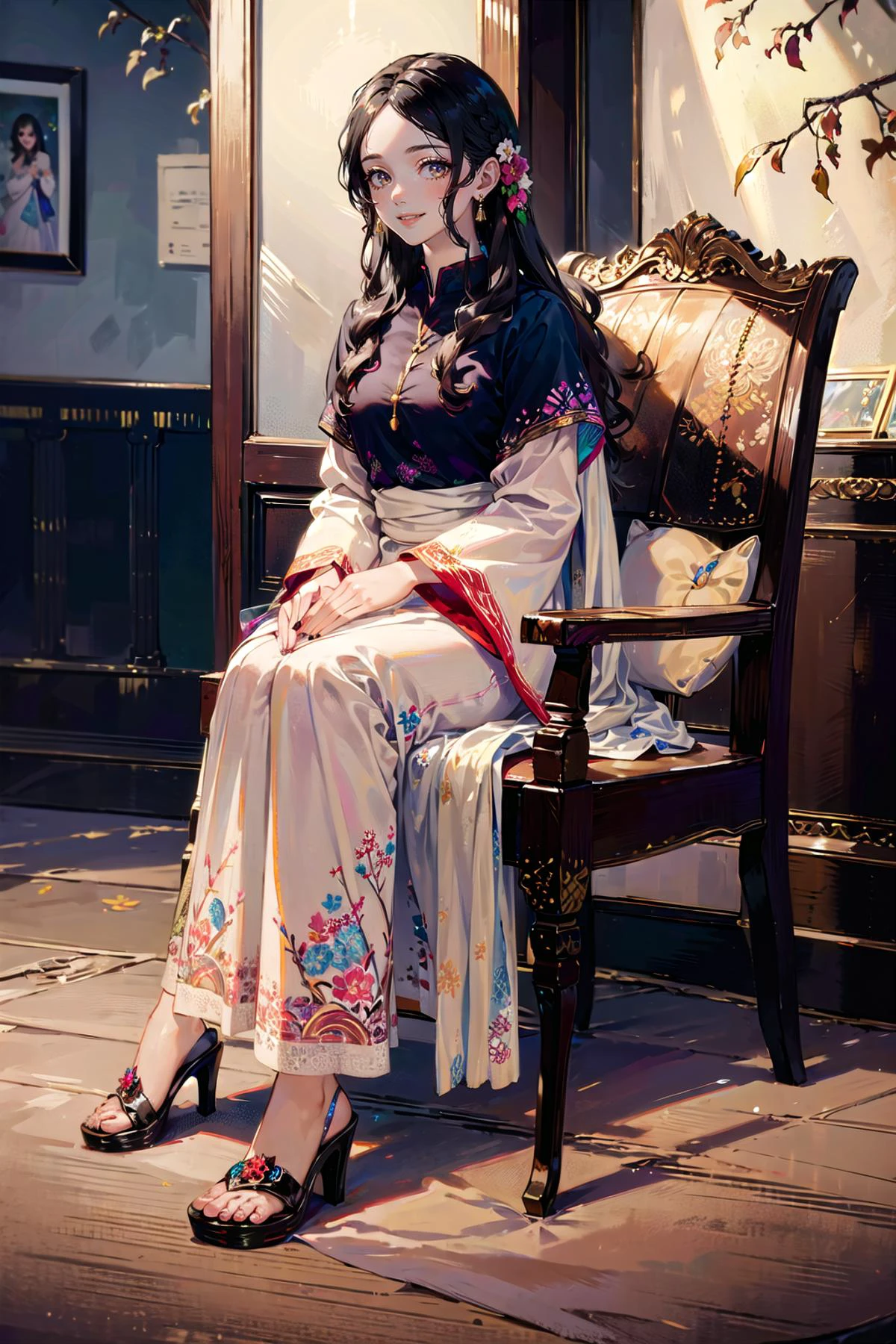 (highly detailed:1.3),
solo, (elegant:1.1), (mesmerizing:1.1), (light smile:1.3), (busy street:1.2), (floating hair:1.3), (sitting:1.3), high heels, chair,looking at viewer,
<lora:xyzsanshalwarqameez:1.0>, wearing white xyzsanshalwarqameez, embroidery, (floral print:1.2),
Ultra-detail, (highres:1.1), best quality, (masterpiece:1.3), cinematic lighting,
(highly detailed face and eyes:1.1),