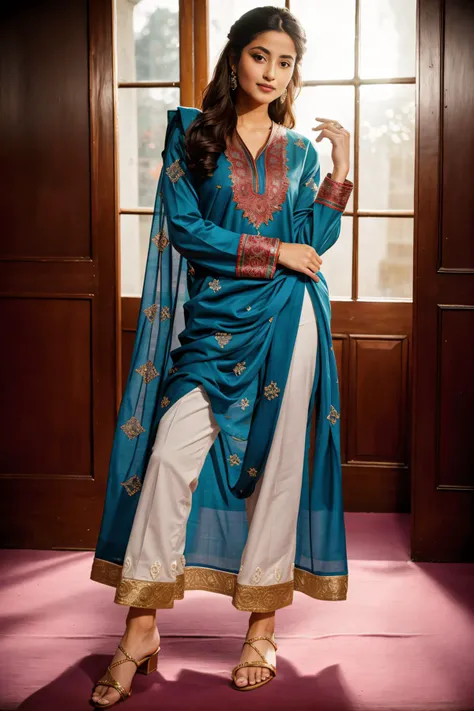 (full body:1.3), xyzsanshalwarqameez, (highly detailed:1.3), photo of 24 y.o beautiful woman, 1girl, solo, pale skin, (((_embroidery15_))), Purple dress, dupatta, shalwar, Ultra-detail, (highres:1.1), best quality, (masterpiece:1.3), <lora:xyzsanshalwarqameez:0.8>, cinematic lighting, (highly detailed face and eyes:1.3), bokeh:1.3, motion blur