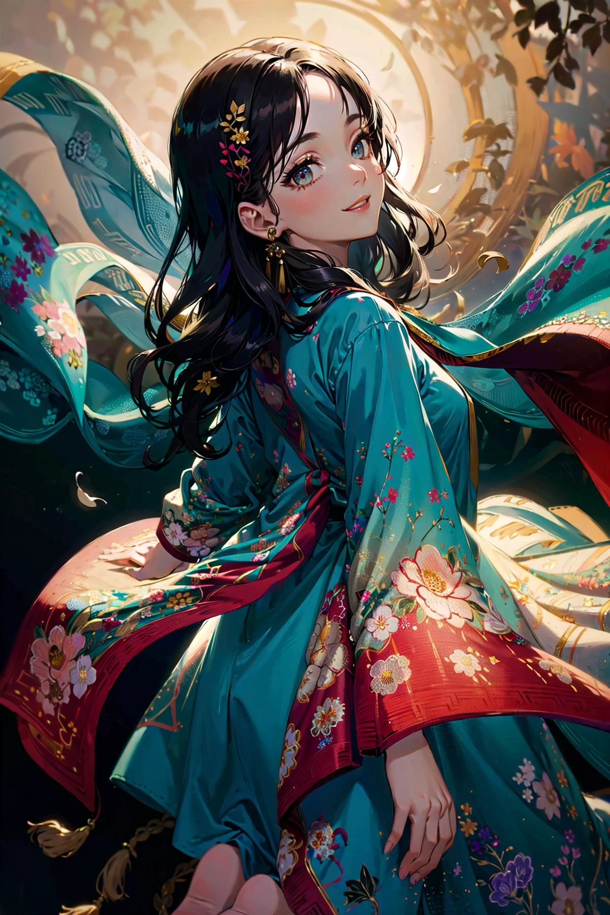 (highly detailed:1.3),
solo, (elegant:1.1), (mesmerizing:1.1), (light smile:1.3), (gradient background:1.2), (floating hair:1.3), wariza, high heels, from behind,
<lora:xyzsanshalwarqameez:0.8>, wearing blue xyzsanshalwarqameez, embroidery, (floral print:1.2), <lora:epi_noiseoffset2:1>,
Ultra-detail, (highres:1.1), best quality, (masterpiece:1.3), cinematic lighting,
(highly detailed face and eyes:1.1),