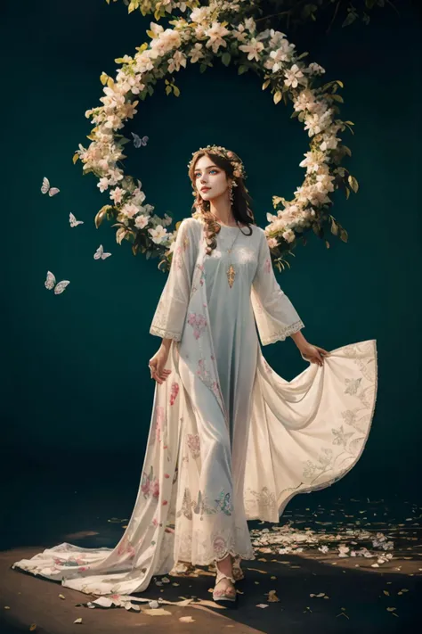 A Photograph that captures a mesmerizing scene of a woman floating effortlessly in mid-air, surrounded by a halo of glowing butterflies. Her serene expression and flowing gown lend an ethereal quality to the image, as if she exists in a realm between dreams and reality, zig-zag pattern, (((_embroidery15_))), white dress, shalwar, (floral print:1.2), <lora:xyzsanshalwarqameez:0.8>