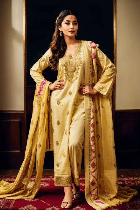 (full body:1.3), xyzsanshalwarqameez, (highly detailed:1.3), photo of 24 y.o beautiful woman, 1girl, solo, pale skin, (((_embroidery15_))), Yellow dress, dupatta, shalwar, Ultra-detail, (highres:1.1), best quality, (masterpiece:1.3), <lora:xyzsanshalwarqameez:0.8>, cinematic lighting, (highly detailed face and eyes:1.3), bokeh:1.3, motion blur