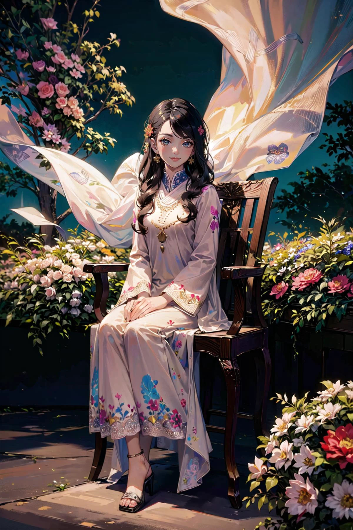 (highly detailed:1.3),
solo, (elegant:1.1), (mesmerizing:1.1), (light smile:1.3), (gradient background:1.2), (floating hair:1.3), (sitting:1.3), high heels, chair,looking at viewer,
<lora:xyzsanshalwarqameez:1.0>, wearing white xyzsanshalwarqameez, embroidery, (floral print:1.2),
Ultra-detail, (highres:1.1), best quality, (masterpiece:1.3), cinematic lighting,
(highly detailed face and eyes:1.1),