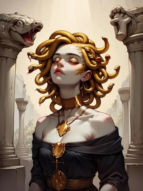score_9, score_8_up, score_7_up, score_6_up, score_5_up, score_4_up, <lora:sn4k3h41rXLP:0.7> 1girl, sn4k3h41r, snake hair, cowboy shot, stone statue, gold, <lora:g0ldl34fXLP:0.8> g0ldl34f