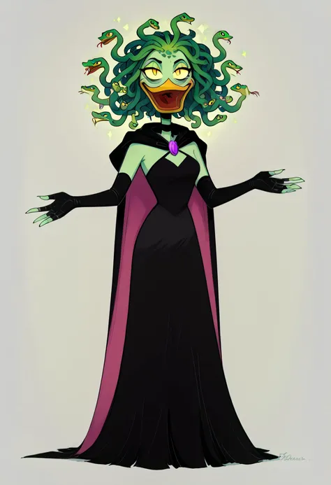 score_9, score_8_up, score_7_up, score_6_up,score_5_up,score_4_up, source cartoon, BREAK, 1girl, female, solo, duck, green skin, mature female, cape, black dress, purple amulet, elbow gloves, choker, orange legs, webbed orange feet, bags under eyes, fingerless_gloves, standing up, conjuring a spell, laughing manically, purple energy, <lora:sn4k3h41rXLP:1> sn4k3h41r, snake hair,<lora:Magica_De_Spell_V3:.8>, ZPDXL