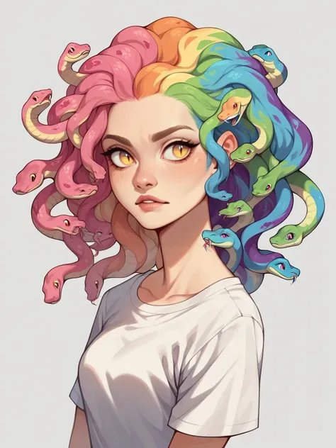 score_9, score_8_up, score_7_up, score_6_up, score_5_up, score_4_up, <lora:sn4k3h41rXLP:0.7> 1girl, sn4k3h41r, snake hair, cowboy shot, rainbow, (candy hair:1.4),