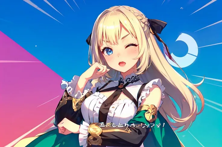 ultra detailed, masterpiece, best quality, solo, soft smile, light smile,
1girl, blue eyes, very long hair, blonde hair, long blonde hair, french braid, bangs, medium breasts,
hair ribbon, frilled choker, criss-cross halter, sleeveless dress, high-waist skirt, backless dress, waist bow, detached sleeves, frilled sleeves, wide sleeves, pantyhose, patterned legwear, mary janes,   <lora:dsnooo:1> one eye closed, solo, bangs, looking at viewer, upper body, open mouth, hand on chin,