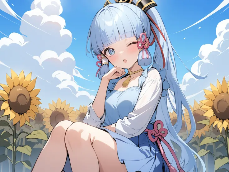 masterpiece, best quality, 1girl, BREAK,
(Endless rows of sunflowers swaying in the gentle breeze, blue sky with fluffy clouds),
(one eye closed, looking at viewer, open mouth, hand on chin),
kamisato_ayaka, blue eyes, blue hair, eyebrows visible through hair, hair ornament, long hair, Simple white blouse, blue skirt below the knee, worn sneakers,
<lora:dsno_XL:0.8>, <lora:shenli3:0.6>