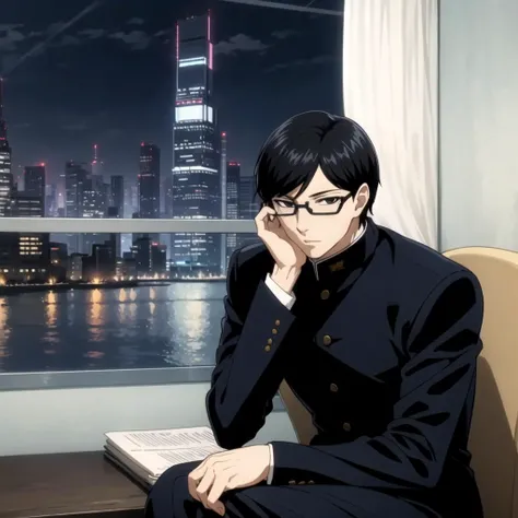 1boy, solo, black hair, school uniform, male focus, gakuran, black eyes, glasses, <lora:Sakamoto:0.6>, cityscape, skyline, night, sitting, hand on face