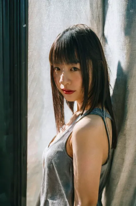 A stunning intricate full color portrait of  a  beautiful japanese women,wearing  a grey tank top, in a shadow-cast corner <lora:NightphotoV1-0:0.4>, lipstick, epic character composition,by ilya kuvshinov, alessio albi, nina masic,sharp focus, subsurface scattering, f2, 35mm, film grain  <lora:Tsubomi:1>