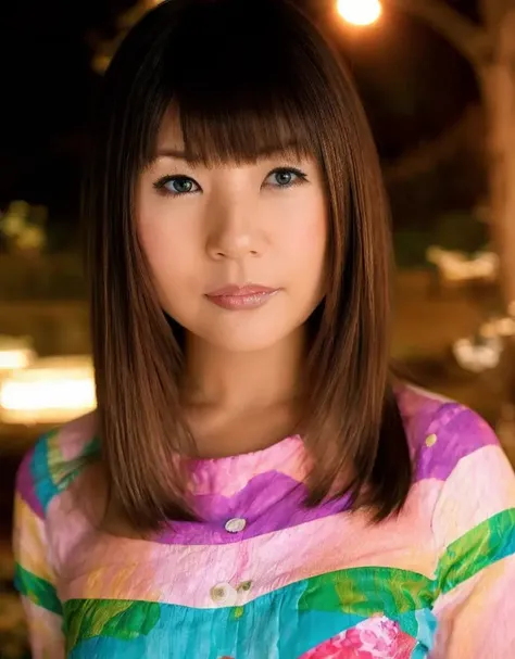 woman looking into the camera, evening, wide angle, colourful place, movie scene, colourful, best quality, full body, floral dress, happy  <lora:Tsubomi-000009:1>