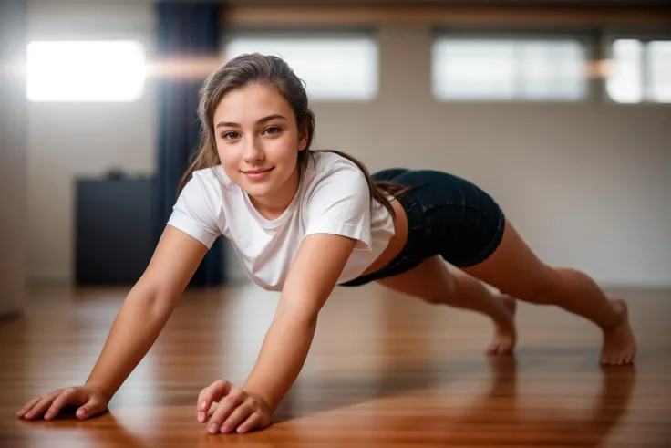 full body,from below,photo of a 18 year old girl,practicing puch-up,happy,shirt,pants,ray tracing,detail shadow,shot on Fujifilm X-T4,85mm f1.2,sharp focus,depth of field,blurry background,blurry foreground,bokeh,lens flare,motion blur,<lora:add_detail:1>,