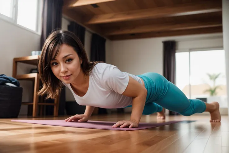 full body,from below,photo of a 35 year old girl,happy,practicing push-up,shirt,pants,ray tracing,detail shadow,shot on Fujifilm X-T4,85mm f1.2,sharp focus,depth of field,blurry background,blurry foreground,bokeh,lens flare,motion blur,<lora:add_detail:1>,