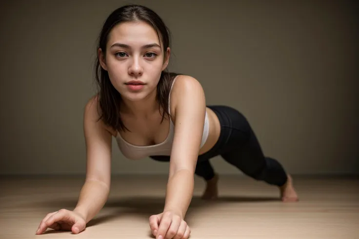 from below,photo of a 18 year old girl,practicing push-up,happy,shirt,pants,ray tracing,detail shadow,shot on Fujifilm X-T4,85mm f1.2,sharp focus,depth of field,blurry background,blurry foreground,bokeh,motion blur,<lora:add_detail:1>,<lora:LCM_LoRA_Weights_SD15:1>,