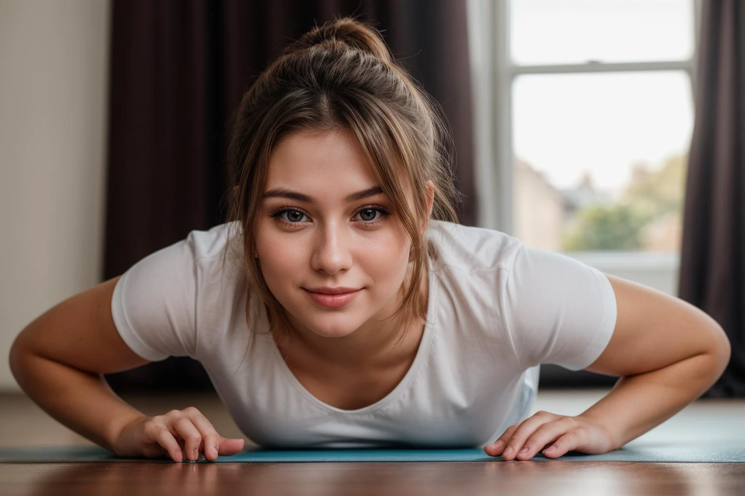 photo of a 25 year old girl,happy,practicing push-up,shirt,pants,ray tracing,detail shadow,shot on Fujifilm X-T4,85mm f1.2,sharp focus,depth of field,blurry background,blurry foreground,bokeh,lens flare,motion blur,<lora:add_detail:1>,