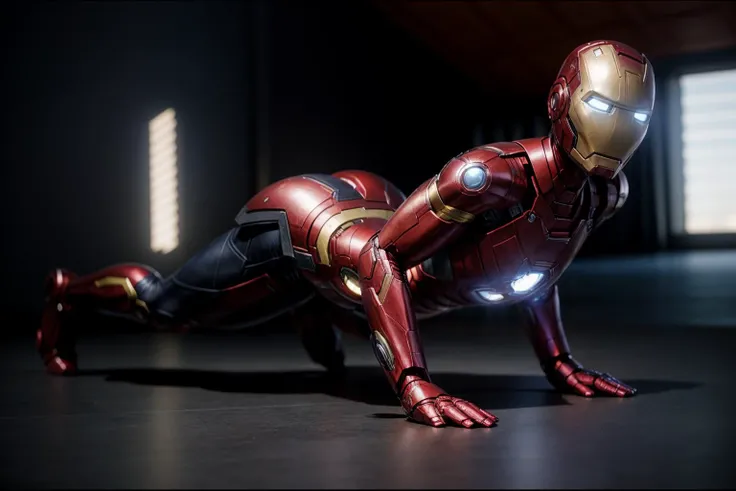 Marvel s,full body,from below,photo of a 18 year old girl,ironman,happy,practicing push-up,ray tracing,detail shadow,shot on Fujifilm X-T4,85mm f1.2,sharp focus,depth of field,blurry background,bokeh,motion blur,<lora:add_detail:1>,
