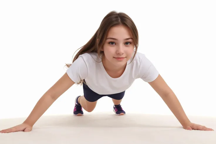 full body,from below,photo of a 18 year old girl,happy,practicing push-up,shirt,pants,white background,simple background,