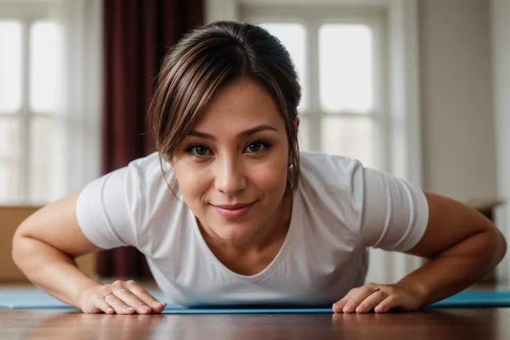 photo of a 35 year old girl,happy,practicing push-up,shirt,pants,ray tracing,detail shadow,shot on Fujifilm X-T4,85mm f1.2,sharp focus,depth of field,blurry background,blurry foreground,bokeh,lens flare,motion blur,<lora:add_detail:1>,