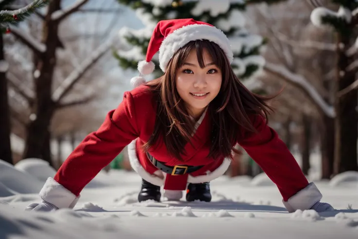 full body,from below,photo of a 18 year old girl,happy,practicing push-up,Santa Clausâs outfit,Red Coat,Red Hat,Red Trousers,Black Belt,Black Boots,White Gloves,christmas theme,Christmas tree,outdoor,windy,heavy snow,detail background,ray tracing,detail shadow,shot on Fujifilm X-T4,85mm f1.2,sharp focus,depth of field,blurry background,blurry foreground,bokeh,lens flare,motion blur,<lora:add_detail:1>,