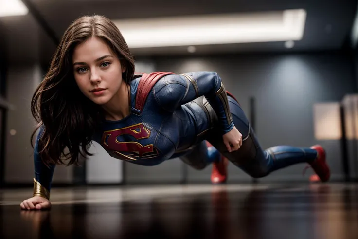 DC s,full body,from below,photo of a 18 year old girl,supergirl,practicing push-up,happy,ray tracing,detail shadow,shot on Fujifilm X-T4,85mm f1.2,sharp focus,depth of field,blurry background,blurry foreground,bokeh,motion blur,<lora:add_detail:1>,