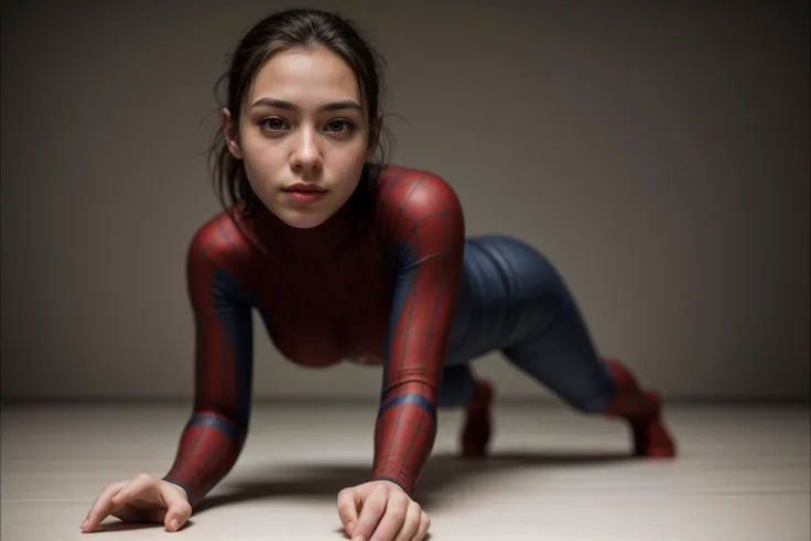 Marvel s,from below,photo of a 18 year old girl,spiderman,practicing push-up,happy,ray tracing,detail shadow,shot on Fujifilm X-T4,85mm f1.2,sharp focus,depth of field,blurry background,blurry foreground,bokeh,motion blur,<lora:add_detail:1>,<lora:LCM_LoRA_Weights_SD15:1>,