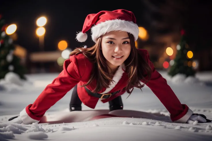 full body,from below,photo of a 18 year old girl,happy,practicing push-up,Santa Clausâs outfit,Red Coat,Red Hat,Red Trousers,Black Belt,Black Boots,White Gloves,christmas theme,Christmas tree,outdoor,windy,heavy snow,detail background,ray tracing,detail shadow,shot on Fujifilm X-T4,85mm f1.2,sharp focus,depth of field,blurry background,blurry foreground,bokeh,lens flare,motion blur,<lora:add_detail:1>,
