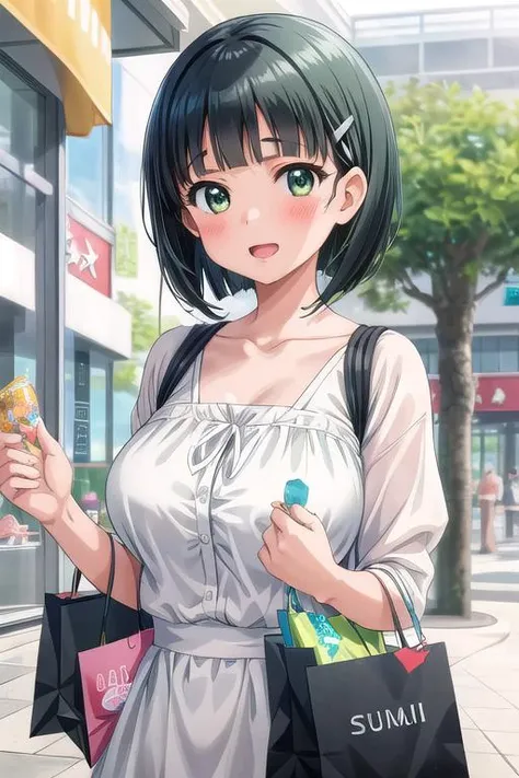 masterpiece, best quality,ultra detail,<lora:GoodHands-vanilla:0.8> <lora:anmnr01:0.3> <lora:add_detail:0.5>,1girl. <lora:Suguha_Kirigaya:0.7>,short hair,summer outfit,Suguha_Kirigaya,close up,upper body,facing viewer,shopping mall,shopping,happy,blush,open mouth