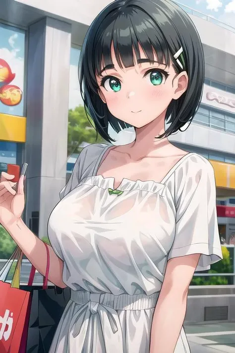 masterpiece, best quality,ultra detail,<lora:GoodHands-vanilla:0.8> <lora:anmnr01:0.3> <lora:add_detail:0.5>,1girl. <lora:Suguha_Kirigaya:0.7>,short hair,summer outfit,Suguha_Kirigaya,close up,upper body,facing viewer,shopping mall,shopping,happy